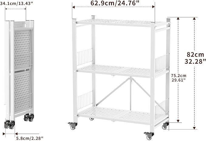 Folding Storage Shelves No Assembly, 3 Tier Foldable Shelves with Wheels, Collapsible Rolling Storage Rack for Pantry Laundry Room Small Spaces, White - Image 2