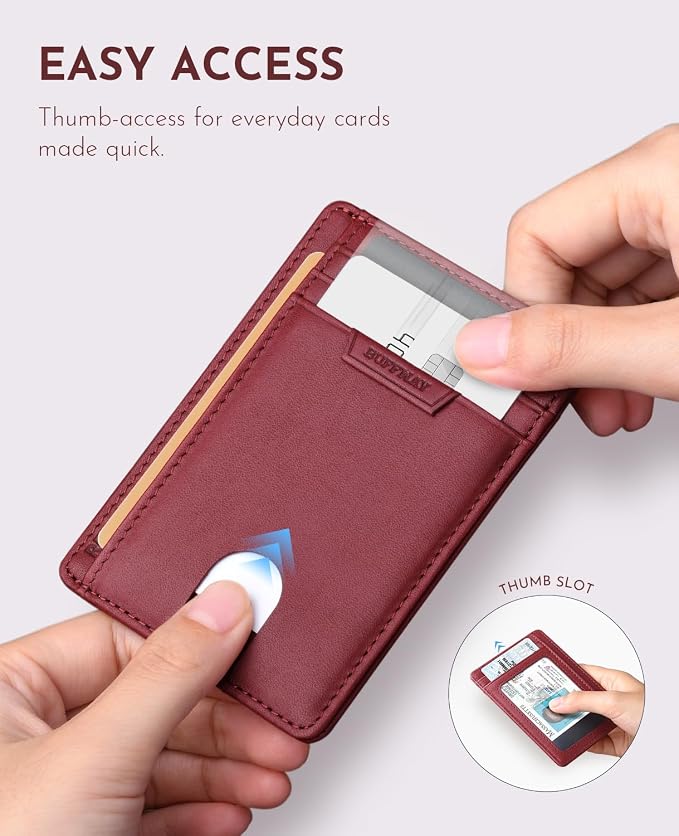 Buffway Slim Wallet for Men Women Minimalist Small Leather Front Pocket Wallets with RFID Blocking and Gifts Box - Bassa Mars Red - Image 5