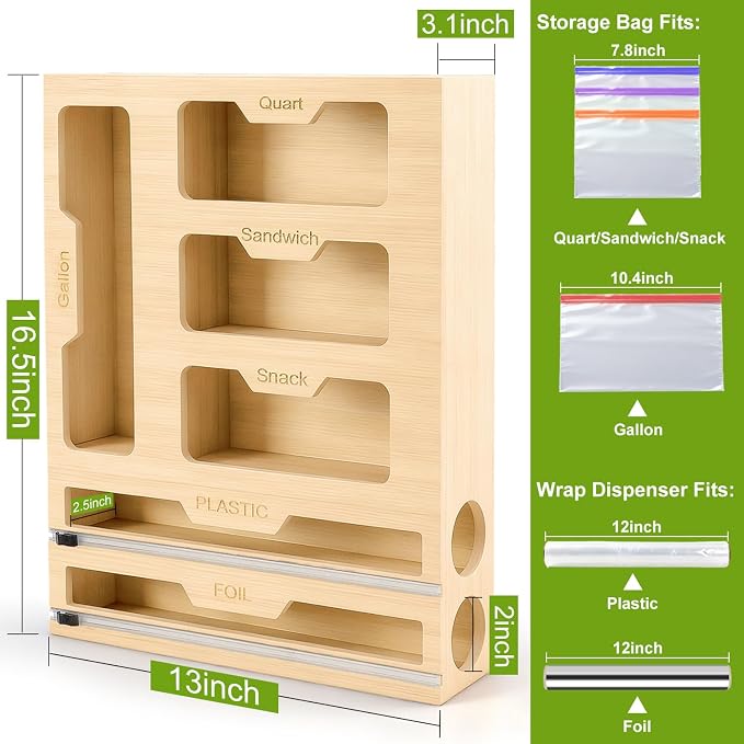 6-in-1 Magnetic Food Bag Storage Organizer for Drawer and Refrigerator, Bamboo Bag Organizer and Plastic Wrap Dispenser with Cutter, Fits Gallon, Quart, Sandwich, Snack Bags - Image 3
