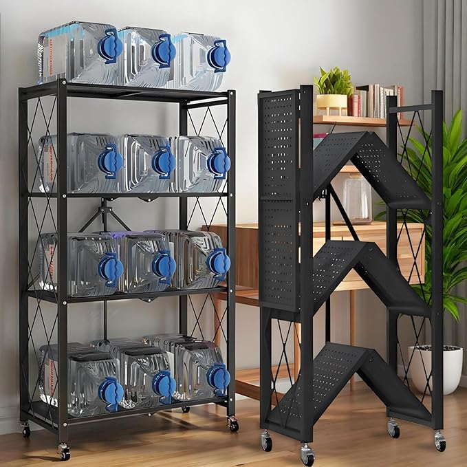 Kitchen Garage Metal Shelves, Storage Shelves Organizer, Foldable Metal Shelving, Closet Shelving Unit, 28" W x 14" D x 50" H Bakers Rack Microwave Stand, Plant Stand with Wheels (4-Tier Shelf) by Unknown