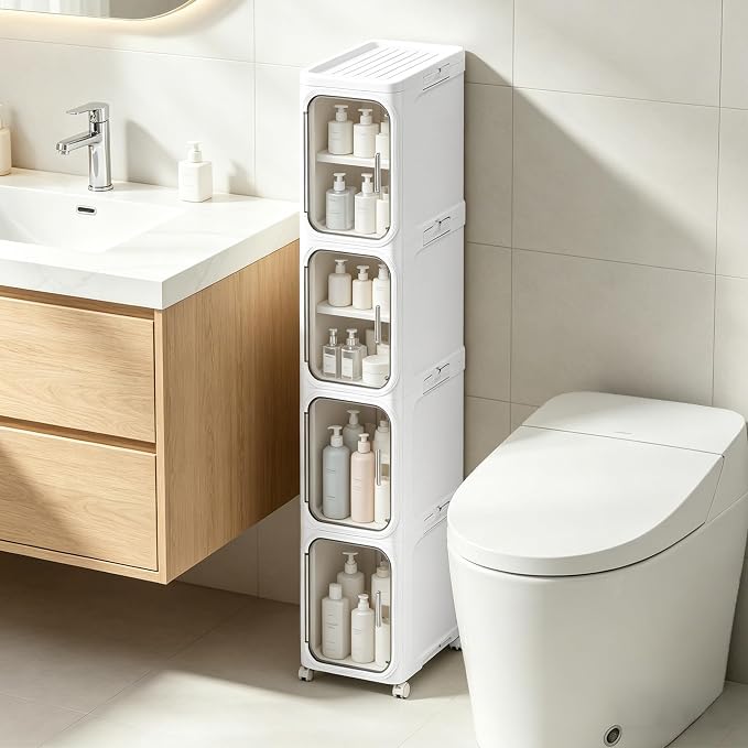 4-Tier Narrow Storage Cabinet Slim Bathroom Tall Skinny Organizer,White | Foldable Storage Cabinet with Lockable Rolling Wheels Magnetic Clear Door Adjustable Detachable Shelves For Narrow Space by LXLXXL