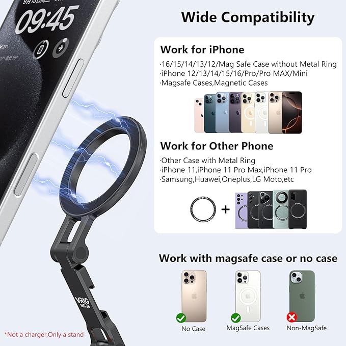 VRIG MG-28 Magnetic Phone Tripod Mount for magsafe, 1/4" Thread & Cold Shoe Camera Phone Mount Adapter Compatible with iPhone 17 16 15 14 13 12 Series, for Cameras/Tripods - Image 6