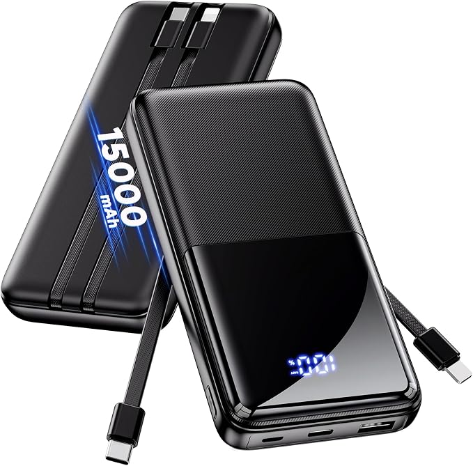 CFIAI Portable Charger 15000mAh Slim Power Bank with Built in Cables | 22.5W Fast Charge, Travel Essential, 50% Larger Capacity USB C Battery Pack for iPhone Samsung Google Android, Black by CFIAI