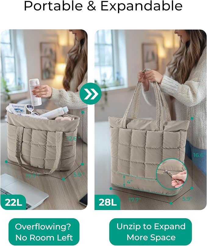 BAGSMART Expandable Tote Bag for Women, Puffer Work Tote Travel Bag | Quilted Carry On Bag for Travel Work Gym College, Waterproof Travel essentials - Image 8