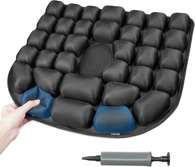 Inflatable Wheelchair Cushion with Built-in Pump, Adjustable Air Pad | Lycra + TPU cover, non-slip, breathable surface, black color, 17.7x15.7 inch size, for wheelchair, office chair and car by VentaEase