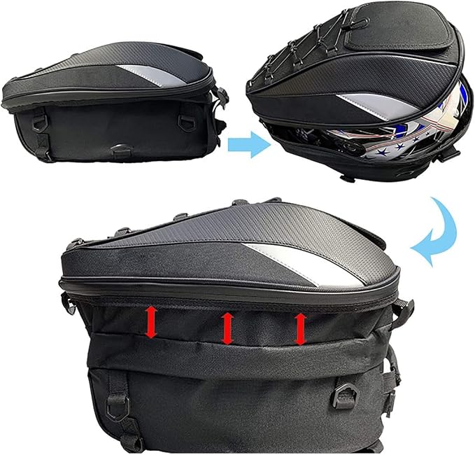Motorcycle Tail Bag,Waterproof Seat Bag,Dual Use Backpack With Cargo Net | Expandable Helmet Bag with Rain Cover & Shoulder Strap, Multifunctional Storage Saddle Bag, Motorbike Luggage Tail Pack - Image 6