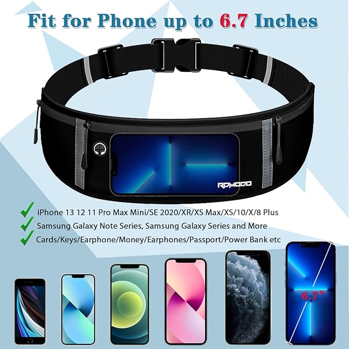Running Belt for Men, Adjustable Fanny Pack for Women, Pure Black | Water Resistant, Plus Size & Lightweight, Phone Holder for Running Workout, Reflective Waist Belt for iPhone Pro Max Samsung - Image 4