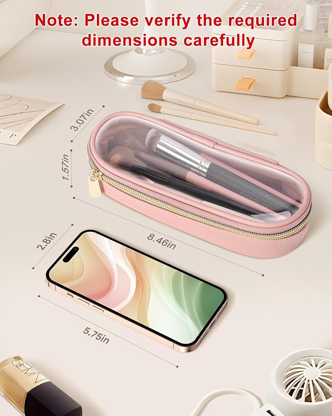 Soimeat Clear Travel Makeup Brush Holder, Leather Makeup Brush Toiletry Bag, Portable Cosmetic Brush Case, Transparent Waterproof Makeup Brush Storage Bag, Pink, Large - Image 3