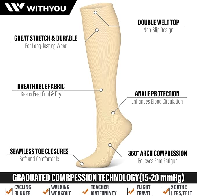 WITHYOU 3 Pairs Compression Socks for Women & Men 15-20 mmHg,Best Support for Nurses Running Hiking - Image 3