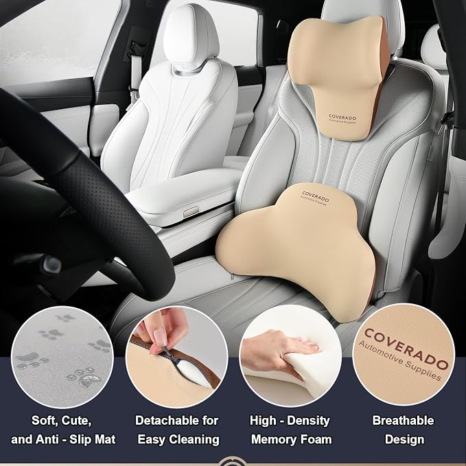 Coverado Lumbar Support and Headrest Pillow for Car, Memory Foam Ergonomic Head Neck Support Pillow for Driving Seat, Back Support and Pain Relief, Seat Cushion for Car, Driver, Office - Image 5