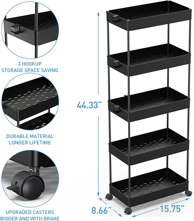 SPACEKEEPER 5 Tier Storage Rolling Cart, Bathroom Cart with Wheels, Black | Mobile Storage Cart for Laundry Room Organization,Kitchen,Office,Bathroom, Utility Cart for Snack,Craft,Art,Makeup,Nail,Toys - Image 3