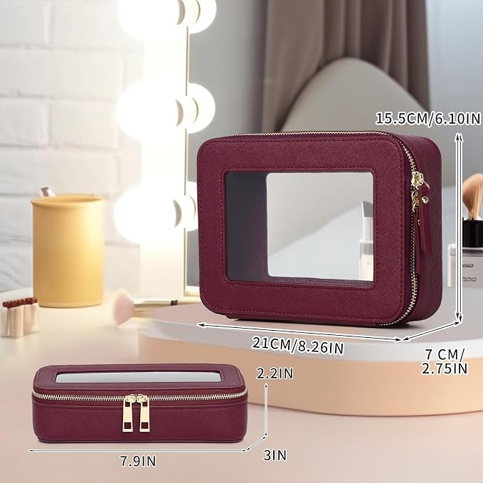 Pinkmik Travel Clear Makeup Bag (Burgundy, M+SLIM) | Brush Case, TSA Approved Toiletry Bag, Waterproof Cosmetic Organizer with Zipper, Car Essential for Women - Image 4