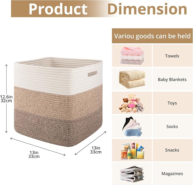 OIAHOMY 13 Inch Cube Storage Bins, 3-Pack Cotton Rope Woven Baskets for Organizing, Insert Storage Baskets for Shelves, Baby Nursery, Closet Organizer, 13 * 13 * 12.6IN, Gradient Brown - Image 2