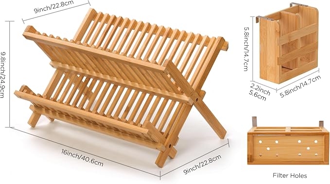 Bamboo 2 Tier Dish Drying Rack with Utensil Holder | Collapsible Dish Rack for Kitchen Counter, Large Folding Drying Holder, Dish Drainer, Kitchen Organizers and Storage - Image 2