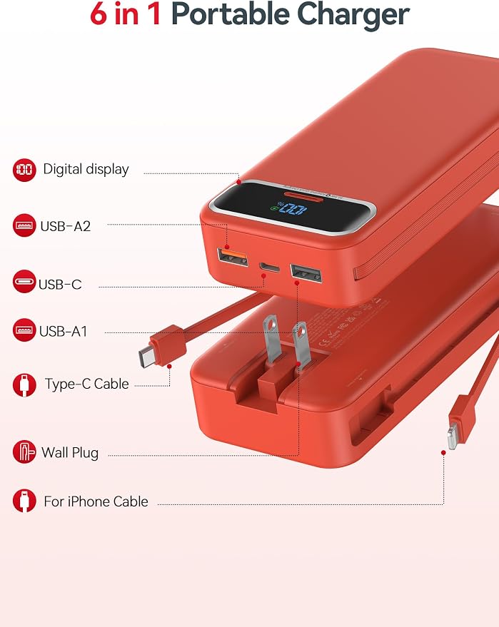 aonidi Portable Charger 20000mAh with Built-in Cables&AC Wall Plug, Red | PD20W Fast Charging,Travel Essential,TSA Approved,LED Display,All in One USB C Power Bank for All Cell Phones Devices - Image 2