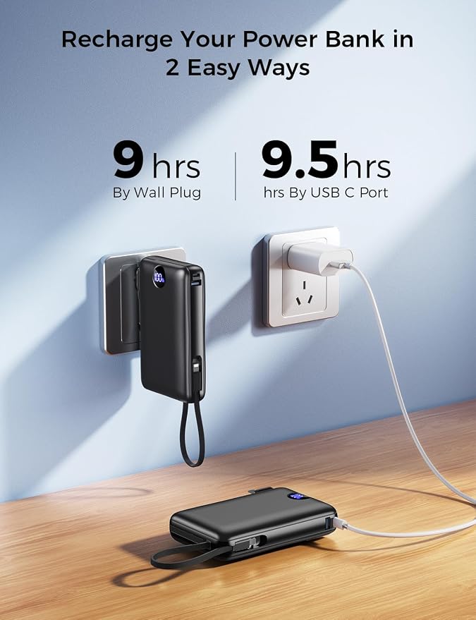 Portable Charger Power Bank 50000mAh Massive Capacity with Wall Plug Black | Built-in USB-C & iOS Cables, 22.5W Fast Charging Battery Pack with LED Display, Travel Essential for Camping, iPhone/Samsung - Image 8