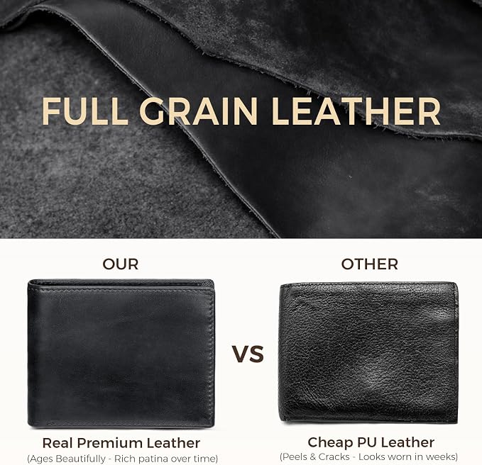 RUNBOX Men's Full Grain Leather Bifold Wallet - Crazy Horse RFID Blocking Slim Wallet with 2 ID Windows, 12 Card Slots & Dual Cash Pockets, Gift for Men - Image 5