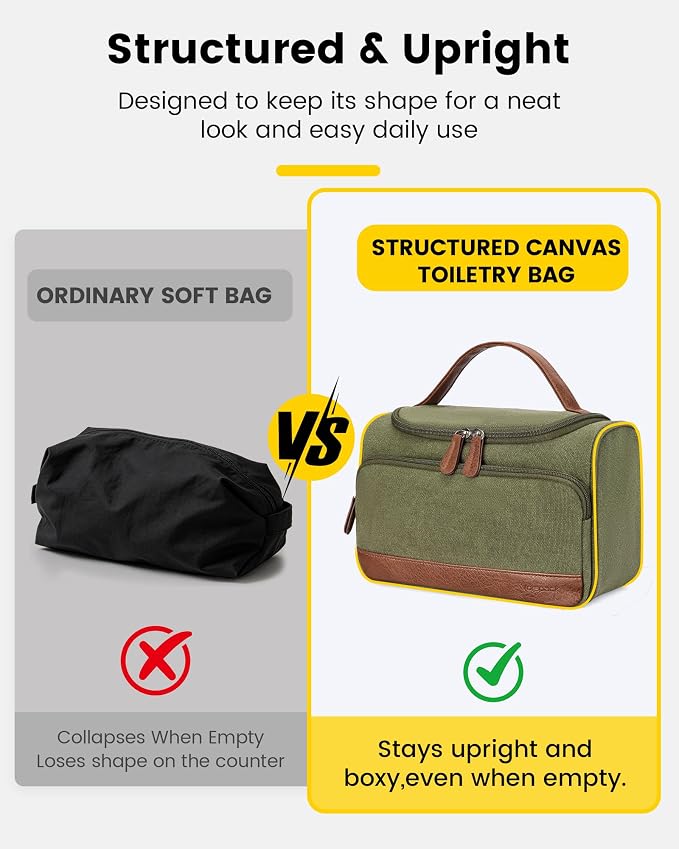 Vorspack Structured Canvas Travel Toiletry Bag for Men, Medium-Green | Upright Travel Bag with Wet Pocket, Wide Opening, Bathroom Organizer for Shaving Grooming Skincare, Travel Essentials, Gifts - Image 2