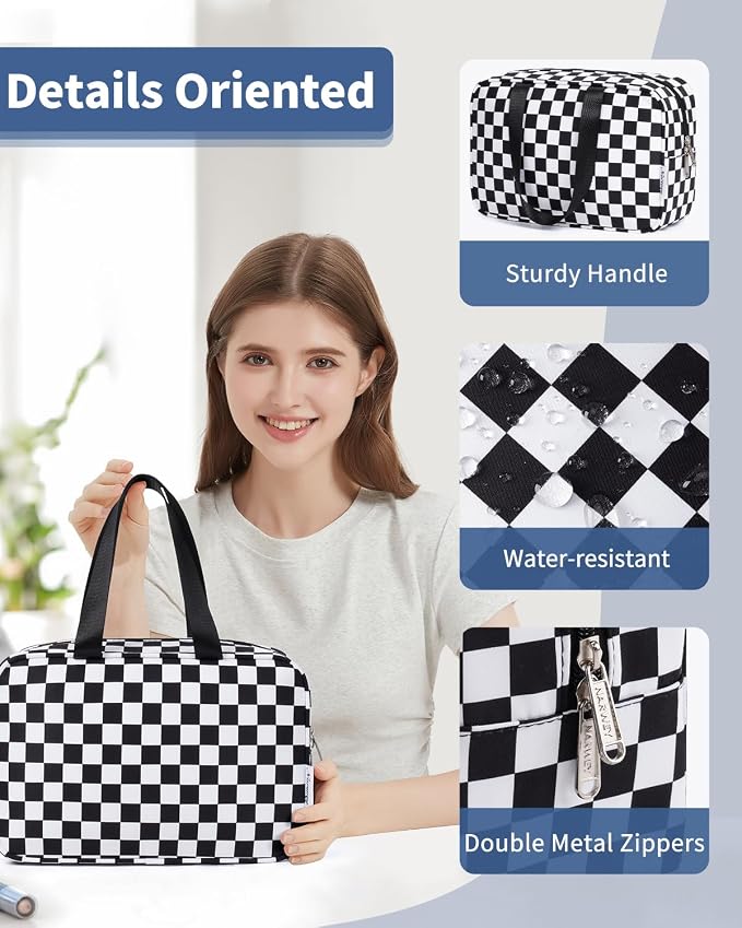 Narwey Large Toiletry Bag Women Cosmetic Bag Travel Makeup Bag Organizer Medicine Bag for Toiletries Essentials Accessories (Black Checkerboard, Large) - Image 5