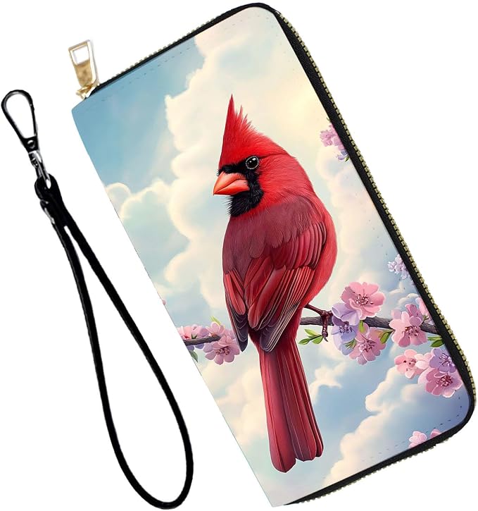 Women's RFID Blocking PU Leather Zip-Around Wallet, Large Capacity Clutch with Phone Holder, Travel Purse & Card Organizer with Removable Wristlet,Red Cardinal Bird by Unknown