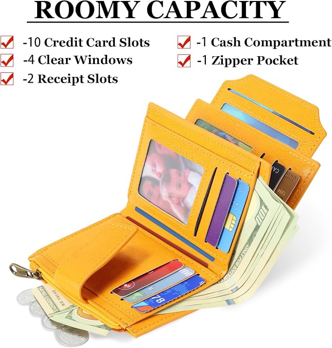 Small Wallet Women RFID Blocking Soft Leather Bifold Compact Card Holder Wallet for Women with Zipper Coin Pocket 4 ID Window - Image 2