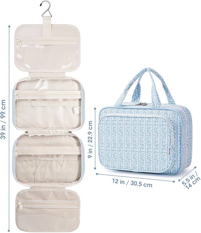 Narwey Travel Toiletry Bag for Women Large Hanging Makeup Bag Organizer Toiletries Bag for Full Size Essentials Accessories Cosmetics (Blue Flower Buds (Large)) - Image 9
