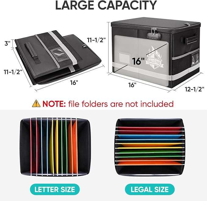 BALEINE Fireproof Document Box with Lock, Portable Fireproof Document Bag Waterproof Fire Proof File Boxes for Documents, File Organizer Box for Important Paperwork (Black, 16''x12.5''x11.5'') - Image 4