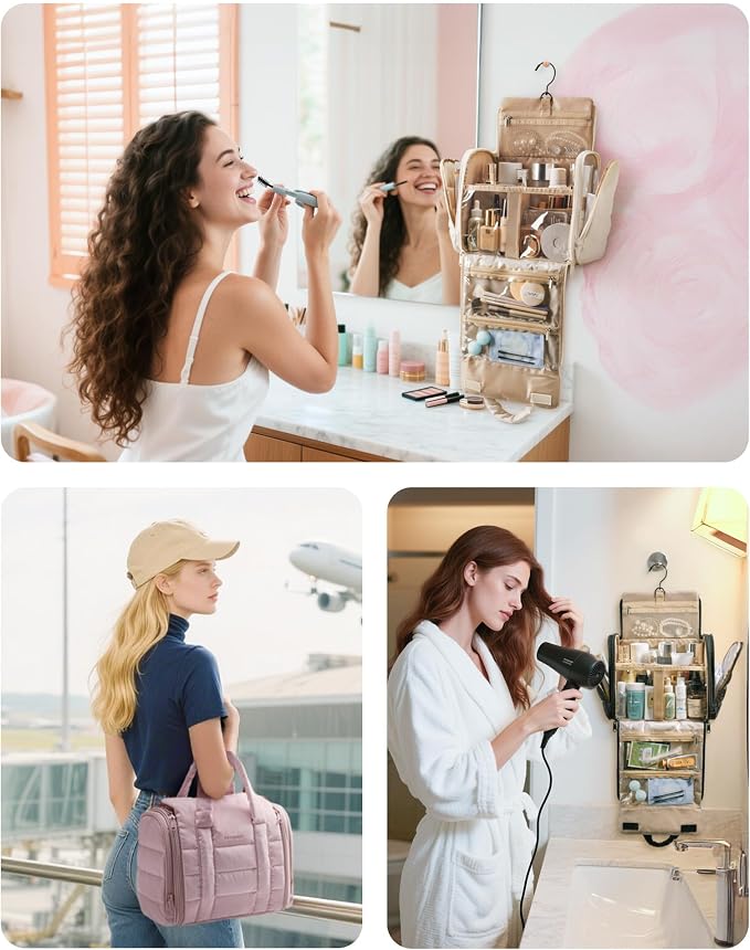 BAGSMART Makeup Bag Toiletry Bag, Cosmetic Bag for Travel,Medium, Beige | Travel Accessories Removable Partition, Puffy Water-resistant Fabric, Hanging Makeup Bag For Full Sized Toiletries - Image 5