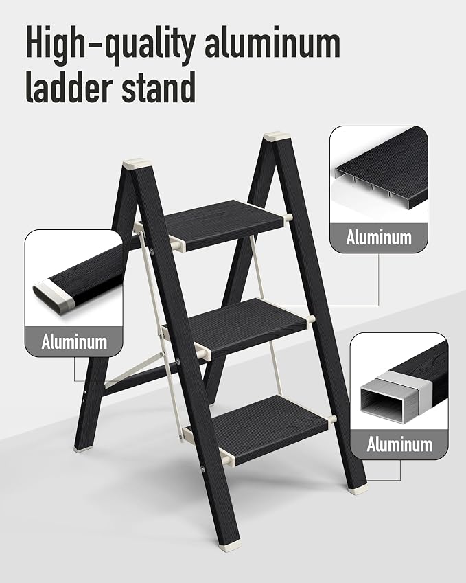Mayi Plus 3 Step Stool Foldable, Aluminum, Lightweight Step Ladder | Extra-wide anti-slip folding steps with 330 lbs, for home,kitchen,office,outdoor,Ebony woodgrain - Image 2