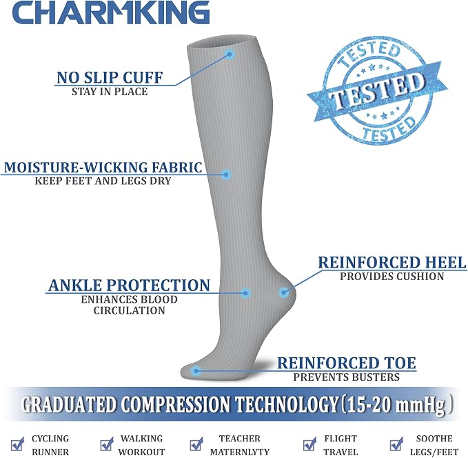 CHARMKING Compression Socks for Women & Men Circulation (8 Pairs) 15-20 mmHg Best Calf Socks Support for Athletic Cycling - Image 4