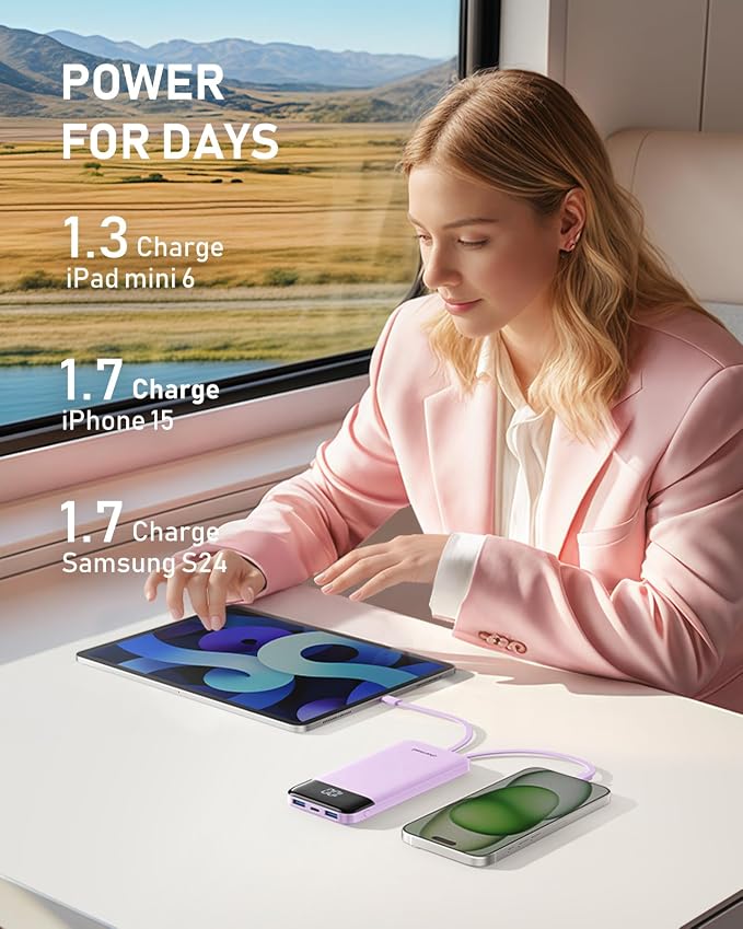 charmast Portable Charger Built-in Cables, 10000mAh Slim Power Bank Pocket | 22.5W Fast Charging Battery Pack for iPhone 17/16/15 Samsung Android, Flight-Approved, Multi-Device, USB-C, Daily Commute - Image 6