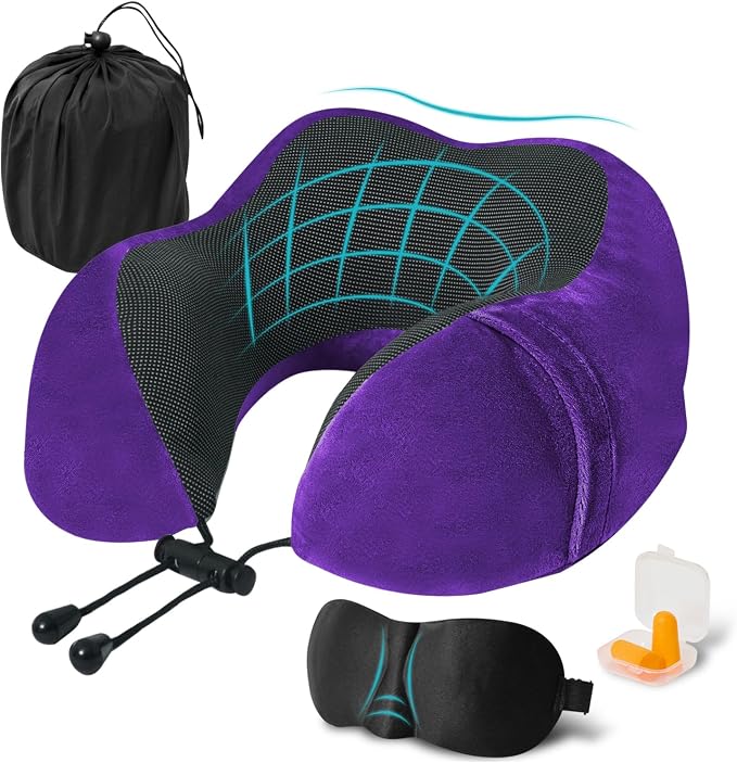 Travel Pillow, Memory Foam Neck Pillow for Traveling, U Shape Neck Pillow Airplane Portable Flight Pillow Travel Kit with 5D Contoured Eye Masks and Earplug for Plane Train Car Home Office by Unknown