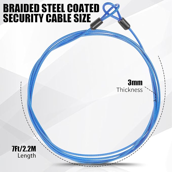 12 Pack Security Cable Luggage Lock with Loops 7 ft 3mm Braided Steel Coated Bike Cable Wire Double Loop Anti Theft Safety for U Lock, Padlock and Disc(Black,Blue) - Image 3