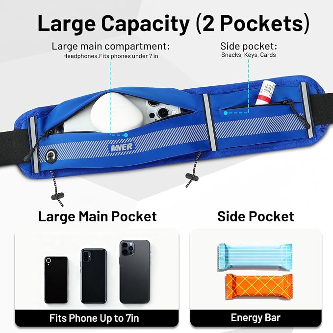 MIER Running Belt for Women & Men, Fanny Pack with Marathon Bib Clip, Navy | Slim Adjustable Phone Holder Pouch; Reflective Waist Packs for Running Essentials; Waterproof Zipper Pockets - Image 3