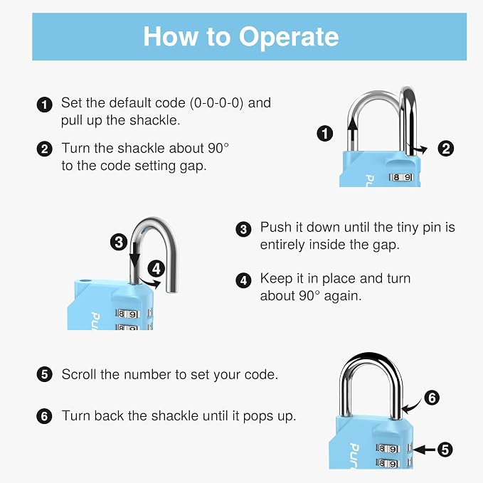 Puroma 1 Pack Combination Lock Locker 4 Digits Combo Padlock Gym Sky Blue | For School Gate Fence Toolbox Hasp Storage, Outdoor, Resettable, Weatherproof, Side Window, Crack Cut Resist, Hardened Steel - Image 6