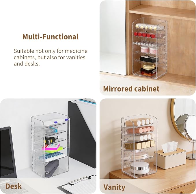 PAVSTINE Medicine Cabinet Organizer with Adjustable Dividers, Clear Vertical Layered Backward Slanting Shelves for Pressed Powder/Lip Gloss/Mascara Storage (5-Tier Gentle Slant) - Image 4