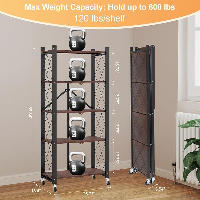 5-Tier Foldable Storage Shelves with Wheels,Folding Bookshelf no Assembly | Folding Metal Shelf Unit, Collapsible Shelves for Craft Shows for Kitchen, Bedroom, Living Room, Rustic Brown - Image 3