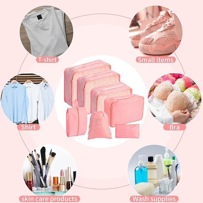 7PCS Packing Cubes for Suitcases, Travel Luggage Organizer Bags, Suitcase Organizer Bags Set for Carry on Luggage Travel Essentials, Pink - Image 7