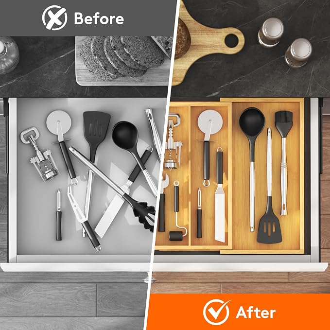 Lifewit Bamboo Utensil Organizer for Kitchen Drawer, Cooking Utensil Tray | Expandable Cutlery Silverware Flatware Holder, Wood Adjustable Spatula Tools Storage Divider, 8.9-15.8 x 15.75", Natural - Image 8