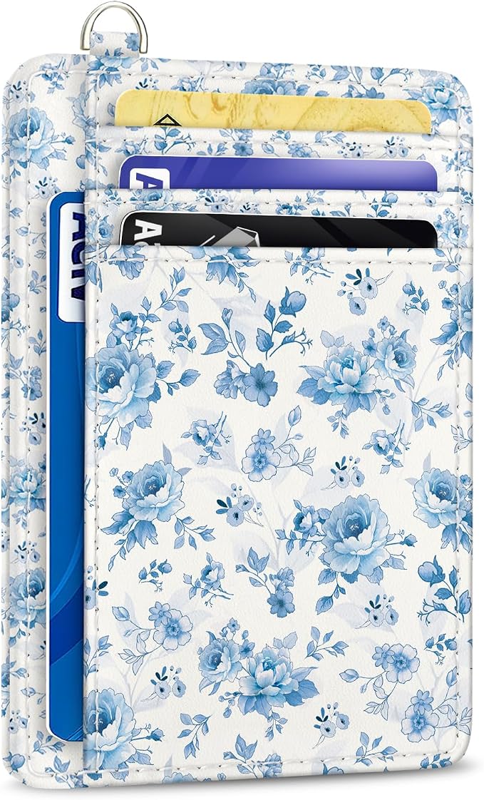 Yonlevres Credit Card Holder Slim Wallet Women Floral RFID Blocking Small | Front Pocket, Handy, RFID Blocking, Woman Girls Ladies Gifts, D-ring for Keychain,Thin Mini Card Case, ID Window, PU Leather by Yonlevres