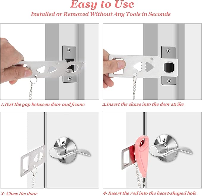 AceMining Portable Door Lock, Hotel Travel Door Lock Security | Hotel Safety Device for Door Security, Portable Lock for Hotel Room, Apartment, College Dorm and Travel, Pink - Image 5