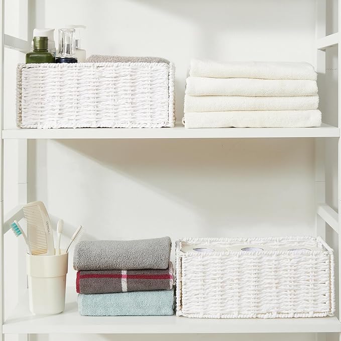 Wicker Storage Basket, Set of 2 Hand-Woven Paper Rope Wicker Basket, Small Storage Baskets for Organizing Toilet Paper Basket, Foldable Large Cube Storage Organizer Bins for Shelves (White) - Image 5