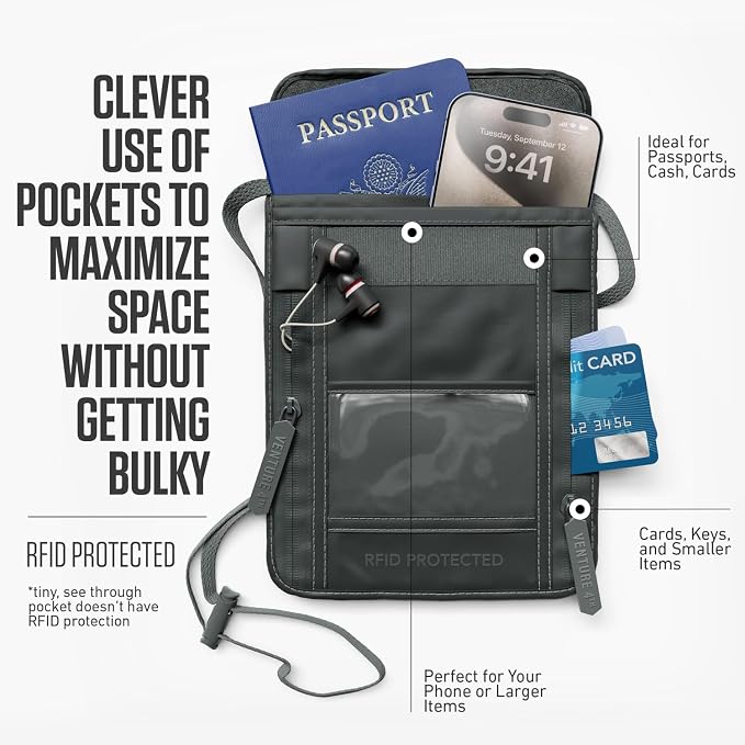 VENTURE 4TH Travel Neck Wallet, RFID Blocking Passport Holder - Sleek Gray - Image 2