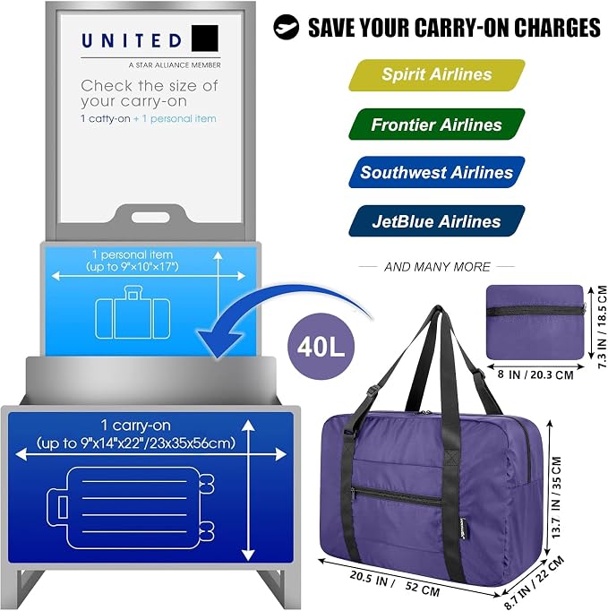 Duffle Bag for Travel Foldable Personal Item Travel Bag, 40L, Purple | Carry On Duffel Bag Women Men Frontier Airlines Personal Item Bag Hospital Weekend Overnight Trips - Image 2