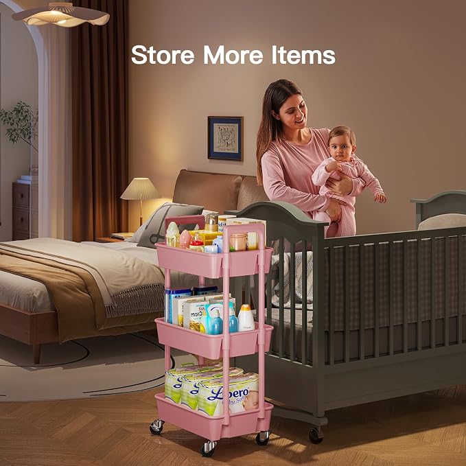 Pipishell 3 Tier Rolling Cart Organizer, Plastic Rolling Cart with Lockable Wheels & Reinforced Handle, Lightweight Utility Storage Cart for Nursery, Kitchen, Craft Room, Pink - Image 7