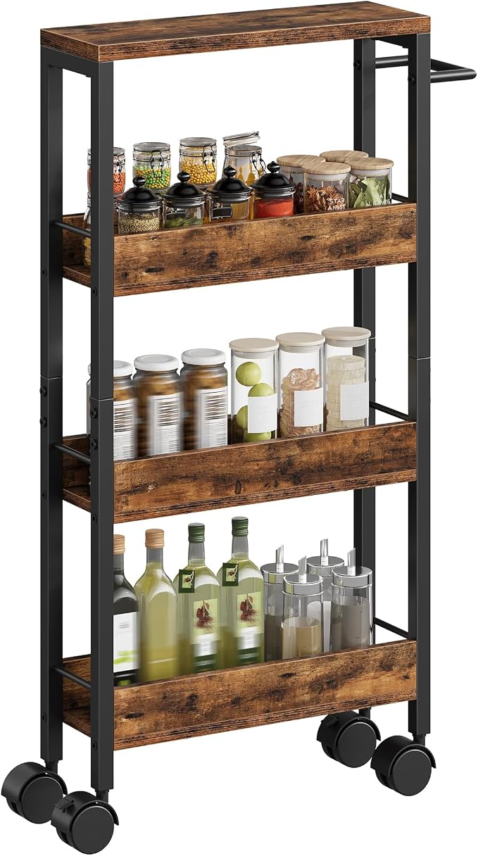 4-Tier Slim Storage Cart, 5.1'' Kitchen Serving Trolley, Slim Rolling Cart with Handle and Guard Rails, Slim Cabinet for Small Spaces, for Dining Room, Rustic Brown and Black TTC01BF - Image 8