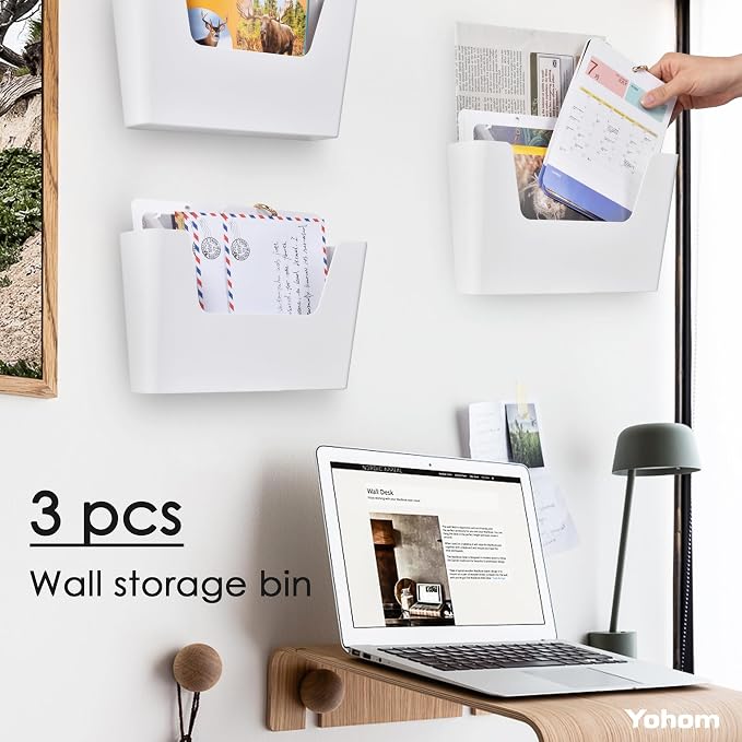 YOHOM Adhesive File Holder Plastic Document Folder Door No Drilling Mount Mail Magazine Organizer A4 Filing Envelopes Folder, Office Wall Mount Single Pocket (WHITE, 3 PCS) - Image 2