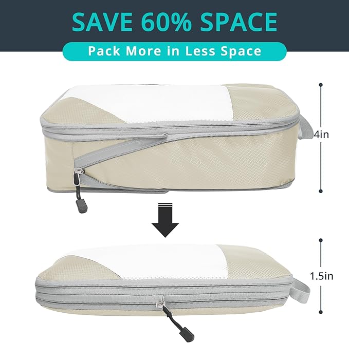 Compression Packing Cubes 8 Set, Compressible Space-Saving Packing Cubes for Travel - Compression Bags, Luggage Organizer, Travel Essentials for Women, Beige - Image 2