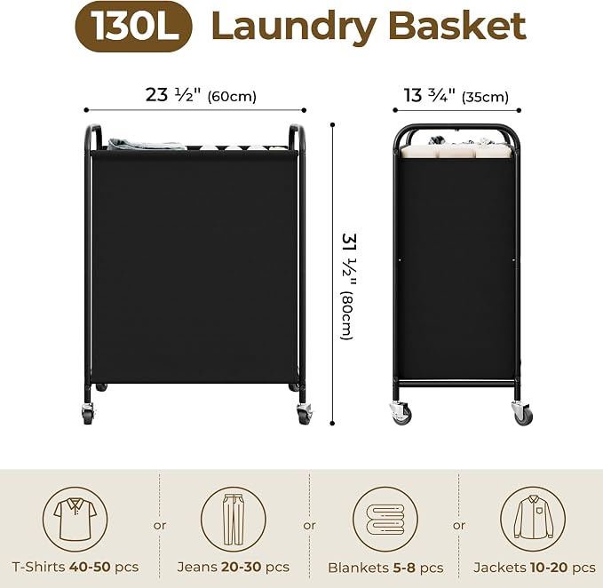 GRANNY SAYS 2 Section Laundry Sorter, 130L Large Hamper Basket with Wheels | Divided Black Hamper Cart, Rolling Organizer for Bedroom, Bathroom - Image 2