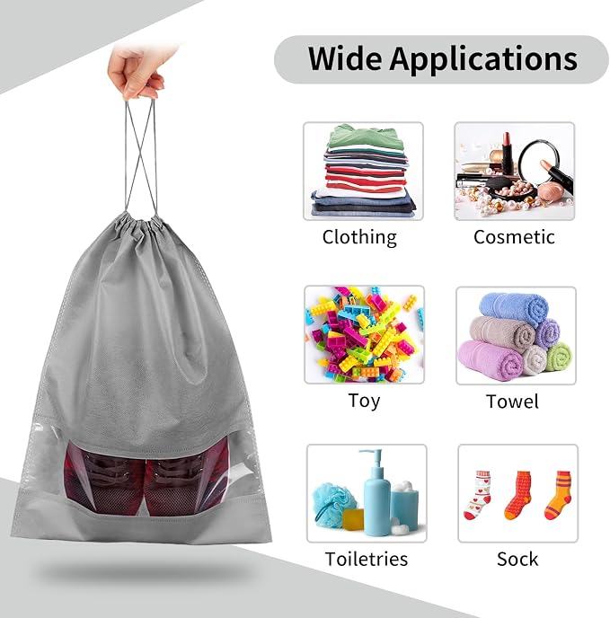 12 Pack Shoe Bags for Travel, Large Travel Shoe Bag for Packing with Window | Dustproof Drawstring Travel Shoe Storage Bags Travel Essentials for Men & Women, Grey - Image 6